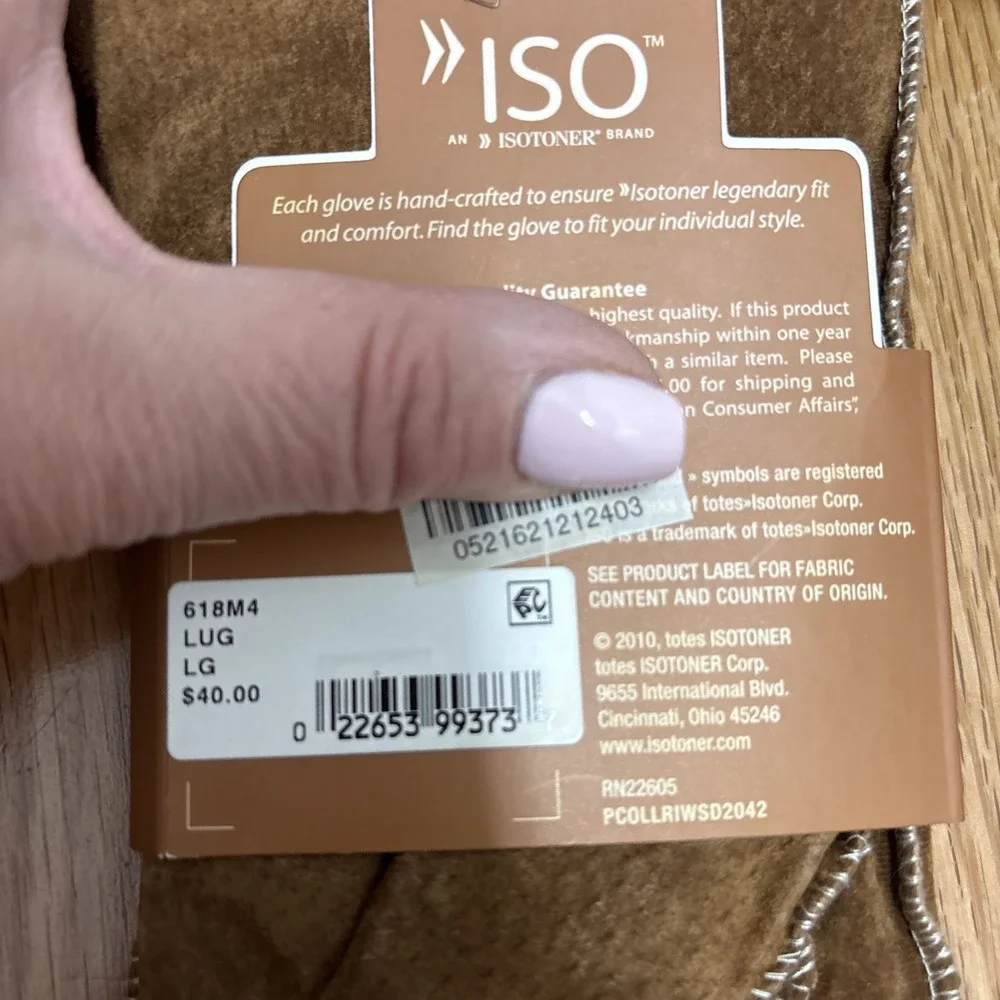 NWT ISO by Isotoner Women's Brown Suede Gloves with Moccasin Stitch Size Large‎